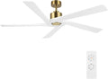 WINGBO 64 Inch DC Ceiling Fan without Lights, 5 Reversible Carved Solid Wood Blades, 6-Speed Noiseless DC Motor, Ceiling Fan No Light with Remote, Brass Finish with White Blades, ETL Listed
