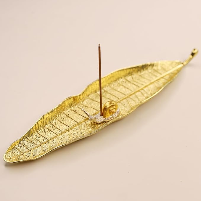 Cute Snail Incense Sticks Holder and 10 Inches Leaf Incense Burner Ash Catcher, Incense Holder Decor Set for Meditation Room, Yoga, Home, Office (Gold)
