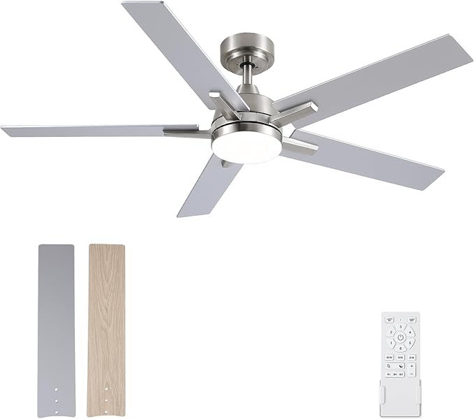 52 Inch Brushed Nickel Ceiling Fans with Lights and Remote, Low Profile 5 Blades Ceiling Fan with Downrods, Reversible, 3CCT, Dimmable, Noiseless for Living Room, Bedroom and Patio