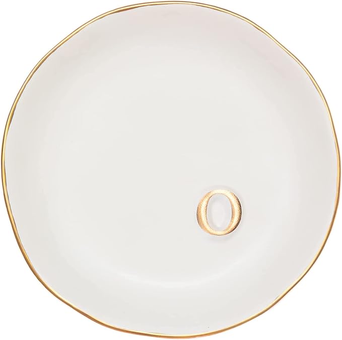 COLLECTIVE HOME Ceramic Jewelry Tray, Trinket Dish, Gifts for Women (O) | Mother's Day, Birthday, Christmas, Engagement Gifts, Vanity, Nightstand Decor, Embossed Gold Monogram Ring Dish with Gift Box
