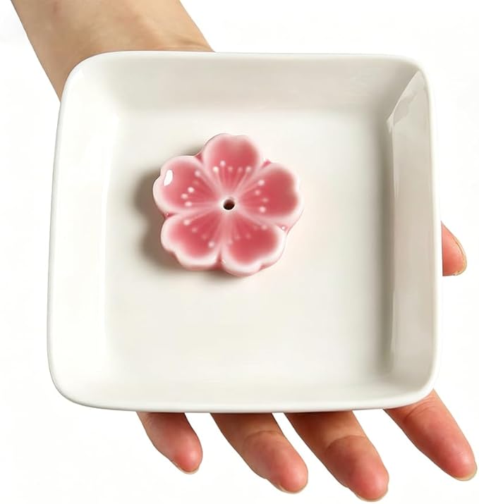 Japanese Ceramic Cherry Blossom Incense Stick Holder or Incense Burner Holder, Simply Unique Ash Catcher Inscent Tray and Decorative Gift, Home Decor 4.53 inches, White