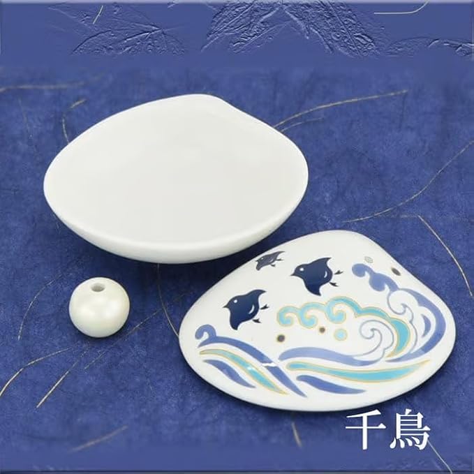 Hasegawa Shell Incense Dish & Holder Set: Heian-Inspired Kaiawase Motif - White with Blue Waves, Pearl-Like Incense Holder - Ideal Gift, Doubles as Decor - Porcelain