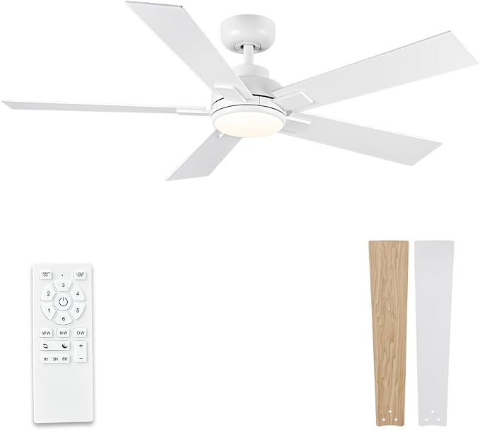 Modern Ceiling Fans with Lights - 52 inch Outdoor White Ceiling Fan with Light and Remote, Reversible DC Motor, 6-Speed Quiet 3CCT LED Dimmable for Bedroom, Indoor and Outdoor, Patios , ETL Listed