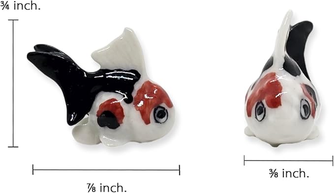 WitnyStore Tiny ⅞ Inch Black White Red Oranda Goldfish Figurine - Miniature Hand Made Painted Ceramic Ryukin Fantail Gold Fish Aquarium Animals Cute Porcelain Decorative Collectible Figure Décor Gifts