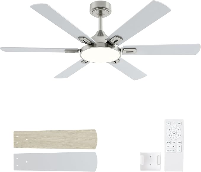 52 Inch Ceiling Fan with Light, 6 Wooden Blades, Brushed Nickel | Remote Control,Reversible Quiet DC Motor, 6-Speed, 3CCT Dimmable LED, Timer for Living Room, Bedroom, Office
