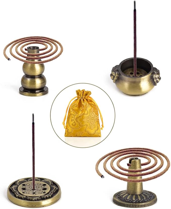 Sakura Flower Incense Holder, 5PCS Bronze Incense Burner Holder with Silk Pouch, Bowl-Shape, Lotus Multihole, Cone Shape and Gourd-Shape Ash Catcher Yoga Room Living Room Bedroom Home Fragrance