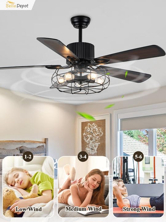 Bella Depot 52" Industrial Ceiling Fan Farmhouse Caged Chandelier Fan with Light Remote Vintage Rustic Indoor Fandelier with Silent Motor for Dining Living Room Bedroom Porch Outdoor (Coffee)