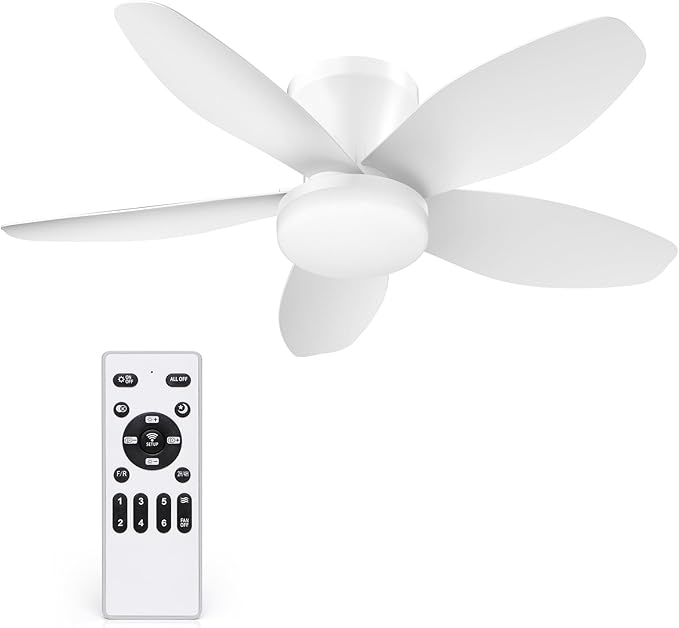 35 Inch Small Ceiling Fan with Led Lights Remote Low Profile White | Quiet 6 Speeds Adjust,Modern LED Dimmable,Memory for Light,2/4H Timer,DC Reversible,Bedroom Living Room Indoor/Outdoor Use