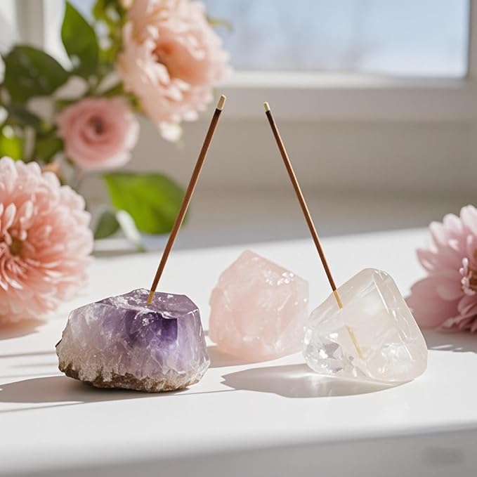 Natural Raw Crystal Incense Holder Set - 3 Unpolished Amethyst/White Quartz/Pink Stone (3-5cm), Aromatherapy Gift for Meditation, Yoga & Home Decor, Healing Energy Stone