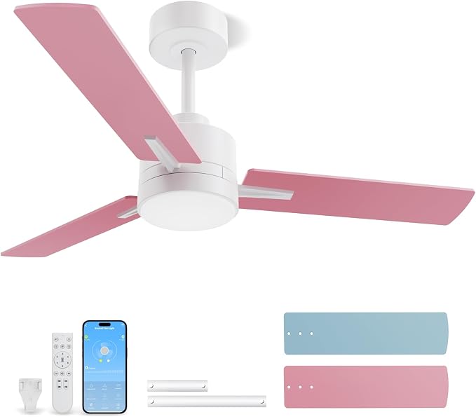 LANMEL 42'' Ceiling Fan with Lights and Remote, Pink Blue Ceiling Light for Kids Room, Modern Ceiling Fan for Boys Girls, 6 Speed, Reversible, 3000k-6000k LED, Quiet DC Motor for Indoor Outdoor