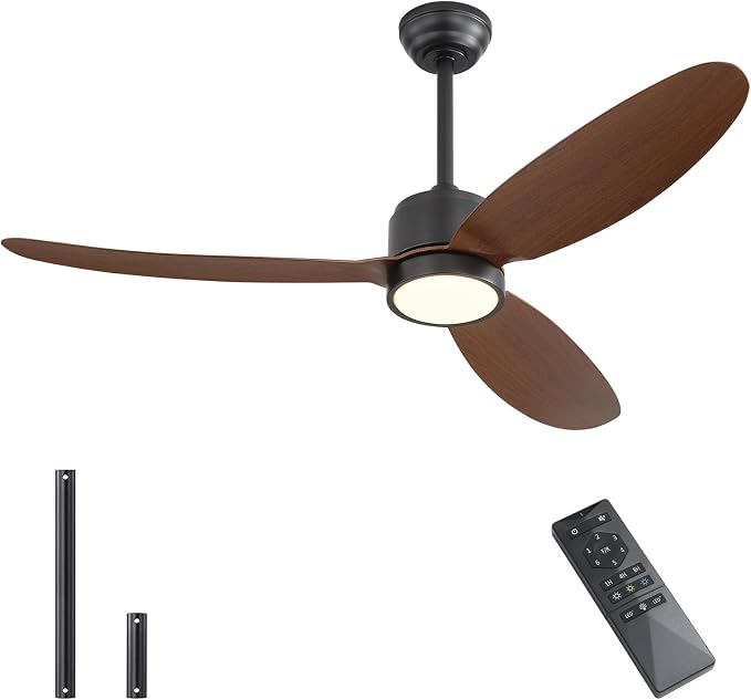 WINGBO 52" Outdoor Ceiling Fans with Lights, Wet Rated Waterproof Indoor Ceiling Fan with Remote, 3 ABS Blades Modern Ceiling Fan, 3CCT Quiet 6-Speed DC Motor, for Porch Patio Bathroom, Black+Walnut