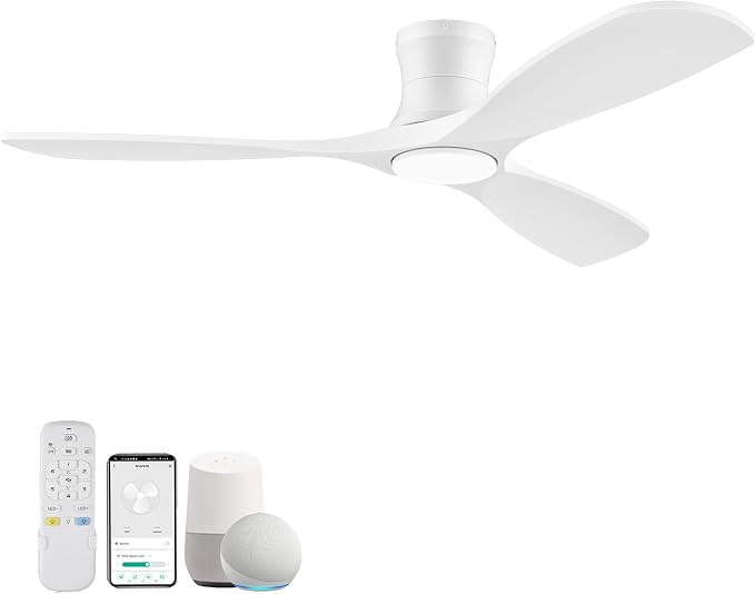 Livory 52” Wood Smart Flush Mount Ceiling Fans with Lights and Remote,Quiet DC Motor,Outdoor Indoor Ultra Low Profile Ceiling Fan works with Alexa WIFI APP,Modern White Ceiling Fan for Bedroom Patio