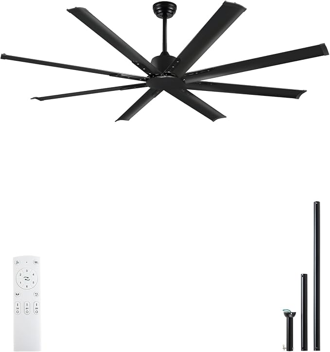Minislak 72 Inch Black Ceiling Fan No Light with Remote and 8 Aluminum Blades,Industrial DC Motor Quiet Operation,6 Speeds,Large Indoor Outdoor Ceiling Fan for Garage,Patio,Living Room