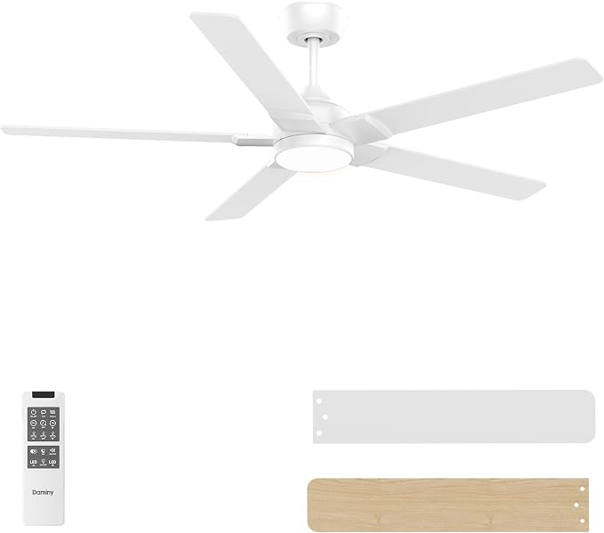 DAMINY 52 inch White Ceiling Fans with Lights,5 Blades,3CCT, Low Profile,Remote Control,for Bedroom, Kitchen,Living Room,Indoor/Outdoor Use,Downrod
