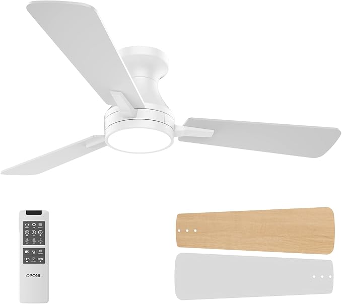 OPONL Ceiling Fan with Light, 42 inch Low Profile Ceiling fan with Light and Remote Control, Reversible, 6CCT, Dimmable, Noiseless, White Ceiling Fan for Bedroom, Indoor/Outdoor Use, Modern