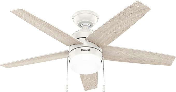 Hunter Bardot, Indoor, Ceiling Fan, Modern, 5 Blades, 44 inch, Fresh White | with LED Light and Pull Chain, Standard Mount, For Bedroom, Living Room, Kitchen, 52494