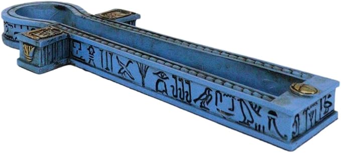 Ebros Gift Egyptian Beautiful Blue Hieroglyphic Symbols Golden Cartouche Ankh Key Incense Stick Burner Holder Figurine Gods of Egypt Talisman of Balance Health and Life Force