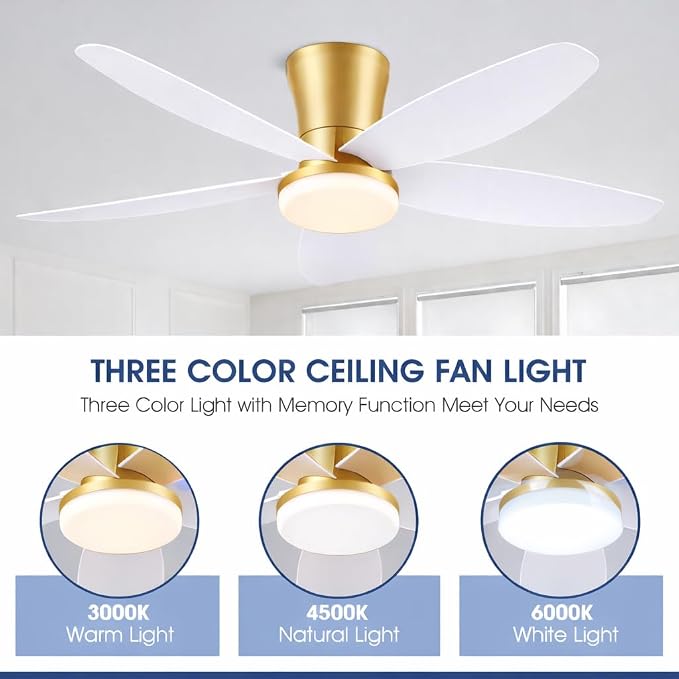 Surtime 42" Ceiling Fans with Lights-Low Profile Ceiling Fan with Light and Remote/APP Control,Flush Mount Gold Ceiling Fan with Reversible White Blades