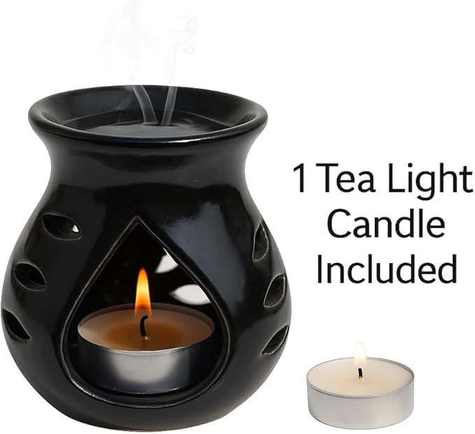 Pure Source India Ceramic Essential Oil Burner Wax Melt Burners |Aromatherapy| Ceramic Oil Diffuser| Candle Tealight Holder (Set of 1) Home Bedroom Decor Christmas Housewarming Gift, Black