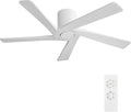 WINGBO 48 Inch Flush Mount DC Ceiling Fans without Lights, 5 Carved Solid Wood Blades, 6-Speed Reversible DC Motor, Low Profile Hugger Ceiling Fan No Lights for Indoor and Outdoor, Gloss White