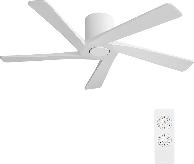 WINGBO 54 Inch Flush Mount DC Ceiling Fans without Lights, 5 Carved Solid Wood Blades, 6-Speed Reversible DC Motor, Low Profile Hugger Ceiling Fan No Lights for Indoor and Outdoor, Gloss White