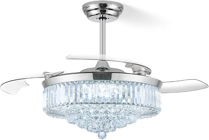 52 Inch Fandelier Ceiling Fan with Light, Retractable Chandelier Fan LED Dimmable Crystal Ceiling Fan for Bedroom Living Room Dining Room-Chrome