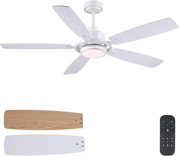 SHIHOT 54" White Modern Ceiling Fans with Lights&Remote for Bedroom Kitchen | 6 Wind Speeds, Reversible, Dimmable 3 Light Colors LED Light, 30W Noiseless DC Motor,5 Double-Sided Blades,2H Timer