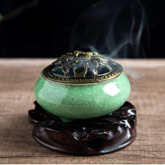 Colorful Ceramic Ice Cracked Incense Burner, Household Incense Holder, Zen Buddha Cone Coil Stick Incense Base with Cover (Green)