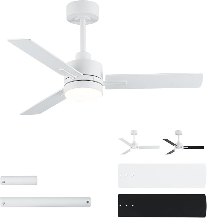 LANMEL 42 Inch Metal Ceiling Fan with Light, Modern Flush Mount Low Profile with Remote Control, Reversible, 3cct Dimmable, Quiet, White LED for Bedroom, Living Room, Indoor/Outdoor Patio Use