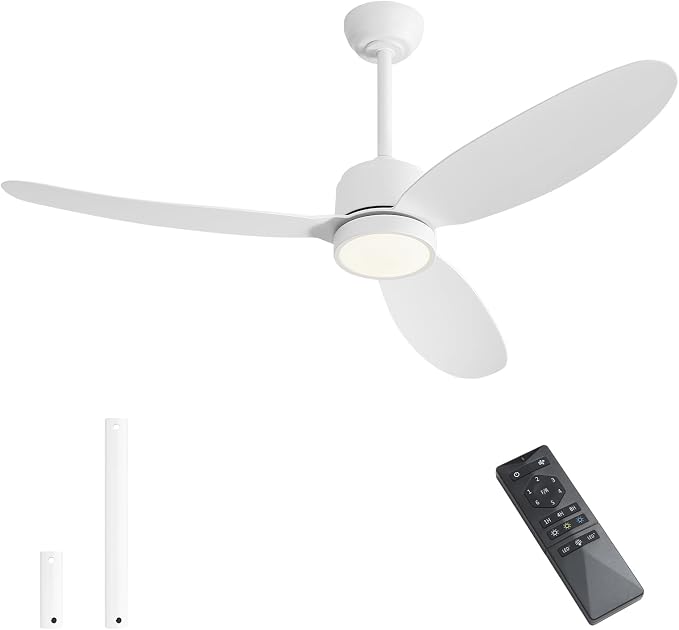WINGBO 52" Outdoor Ceiling Fans with Lights, Wet Rated Waterproof Indoor Ceiling Fan with Remote, 3 ABS Blades Modern Ceiling Fan, 3CCT Quiet 6-Speed DC Motor, for Porch Patio Bathroom,White
