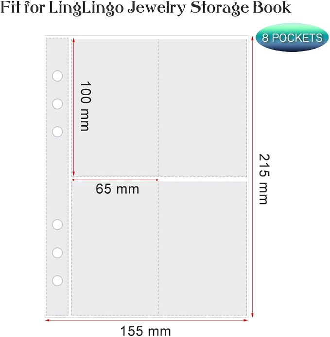 Clear Double-Sided Refill Inner Pages for Transparent Jewelry Storage Book 6 Ring Binder, 20 Sheets 160 Pockets