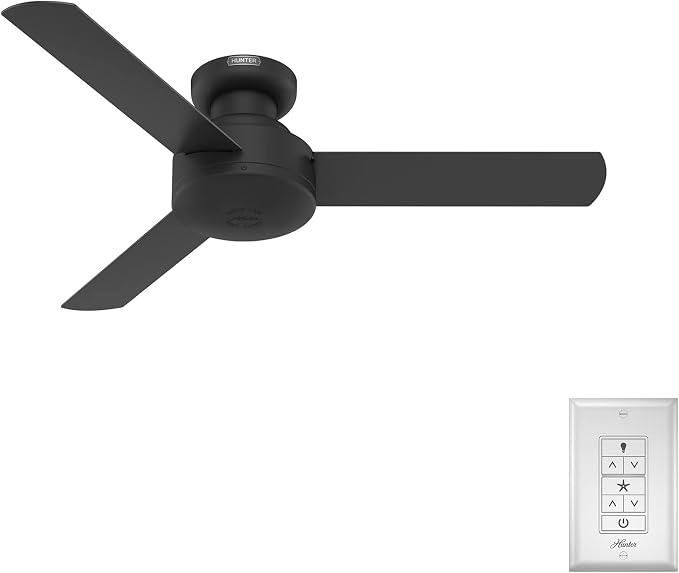 Hunter Presto, Indoor, Ceiling Fan, No Light, Modern, 44 inch, Matte Black | Low Profile Mount, Wall Control, 3 Blades, For Bedroom, Living Room, Kitchen, 52401