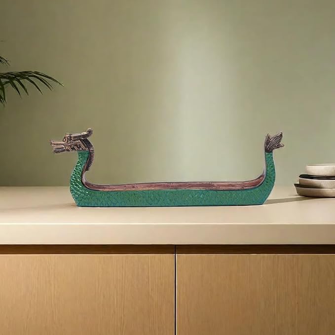 Comeon Retro Incense Burners Traditional Chinese Design Dragon Boat Incense Stick Holder Burner Hand Carved Carving Censer Ornaments (Green)
