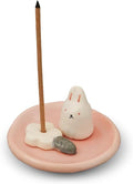 Charming Animal Series Ceramic Incense Holder, Japanese Pottery, Perfect for Relaxation and Concentration, Made in Japan (Florets and Rabbit)