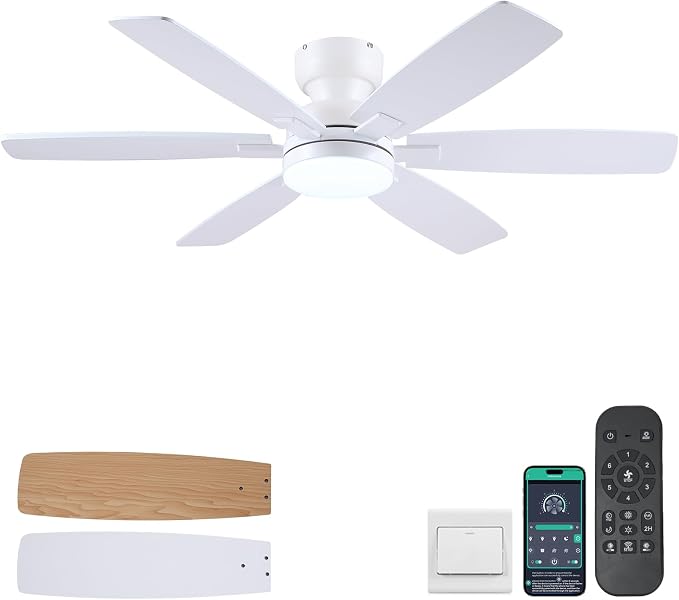 Kviflon 52" Ceiling Fans with Lights, Low Profile Ceiling Fan with Light and Remote/APP Control, Flush Mount Ceiling Fan with 6 Reversible Fan Blades, 3CCT, Dimmable, Quiet Motor for Kidsroom White