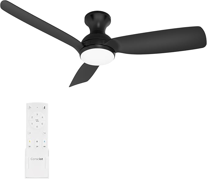Consciot Ceiling Fan With Light, 44 Inch Low Profile Ceiling Fan with remote control, 6-speed choice, Reversible DC motor, 3CCT, Dimmable, Whisper, Easy Install, For Indoor and Covered Outdoor (black)