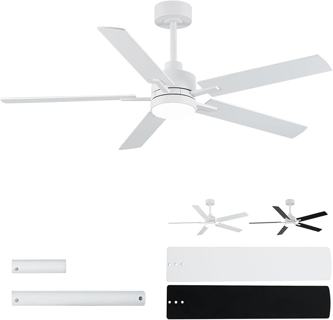 LANMEL 52'' White Ceiling Fans with Lights and Remote, 6 Speed Low Profile Modern Ceiling Fan with Quiet DC Motor for Indoor Outdoor Bedroom Living Room