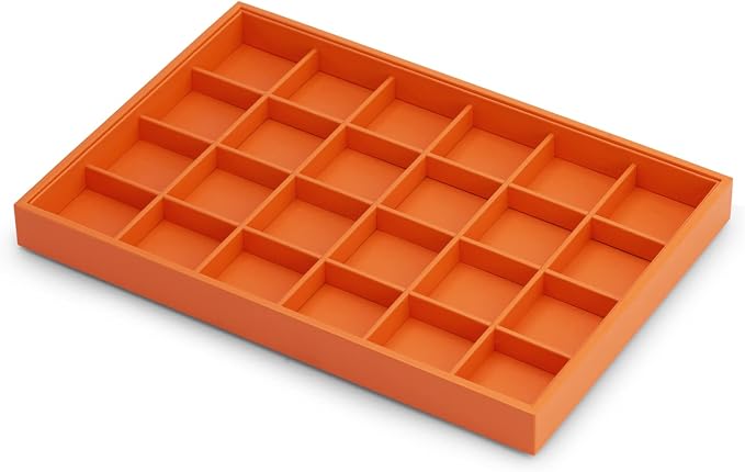 Oirlv Orange Leather Jewelry Organizer 24-Grid | Orange Pu Leather Exterior, Soft Microfiber Interior, Removable Dividers, Elegant Color for Display