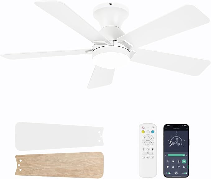 Ceiling Fans with Lights, 42 Inch Low Profile Ceiling Fan with Light and Remote Control, Flush Mount, Reversible, 3CCT, Dimmable LED, Quiet, White Ceiling Fan for Bedroom, Kitchen