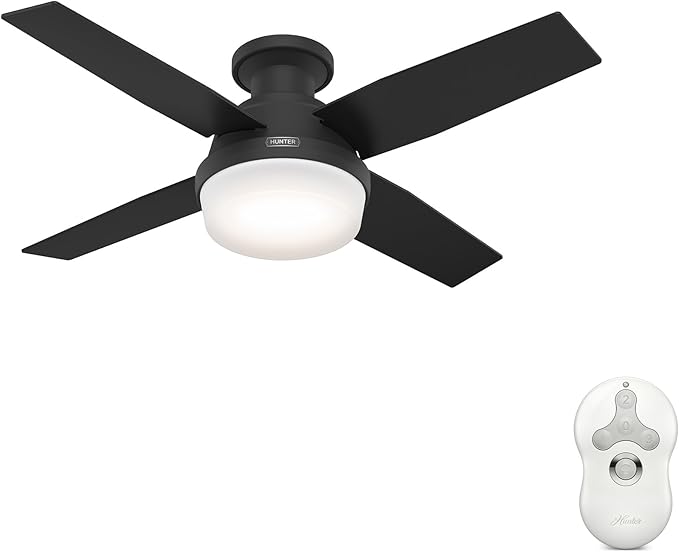 Hunter Dempsey, Indoor, Ceiling Fan, Modern, Quiet, 44 inch, Matte Black | with LED Light and Remote Control, Low Profile Mount, 4 Blades, For Bedroom, Living Room, Kitchen, 52390