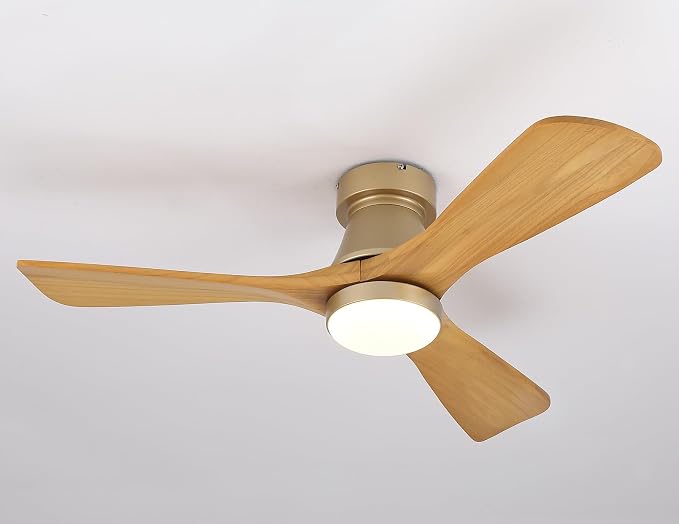 42 Inch Gold Ceiling Fan with Lights, Remote Control, Flush Mount, Dimmable, Reversible, Wood Blades, Power-Off Memory, Quiet DC Motor, Modern Hugger Ceiling Fan for Indoor Outdoor Gold