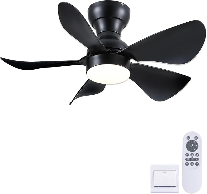 Kviflon 30 Inch Ceiling Fans with Lights Remote Control, Low Profile Small Ceiling Fans with 5 Reversible Propeller Blades, 3 Colors Dimmable LED Lights, 6 Speeds for Bedroom Kids Room Kitchen, Black