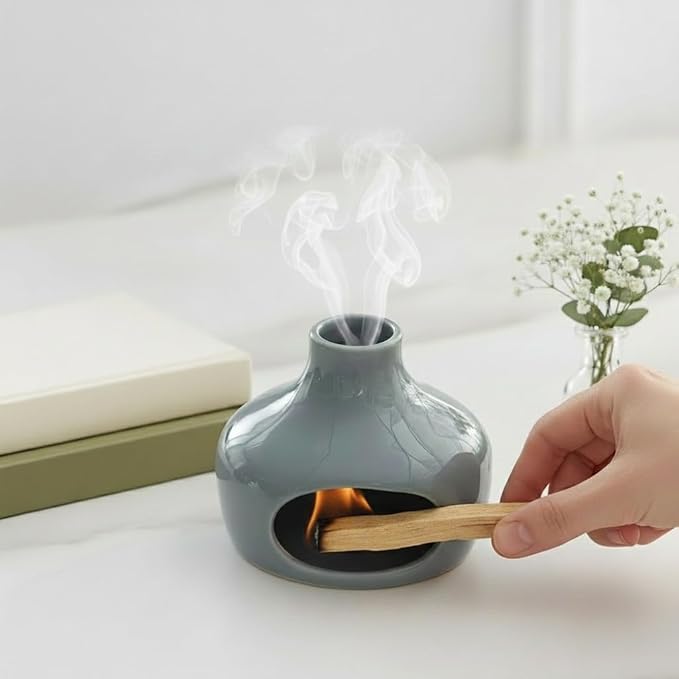 Handmade Ceramic Incense Bowl with Palo Santo Chimney Burner & Aroma Holder for Sage, Incense Sticks, Meditation, Yoga, Relaxation, Heat-Resistant Base Home Decor