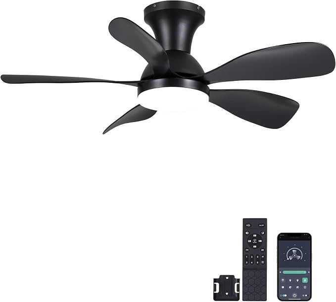 NKPU 33Inch Black Low Profile Ceiling Fans with Lights and Remote/APP Control, Reversible DC Motor, 6 Speeds, Modern Flush Mount Ceiling Fan with 5 Blades for Outdoor Patio,Small Room,Bedroom