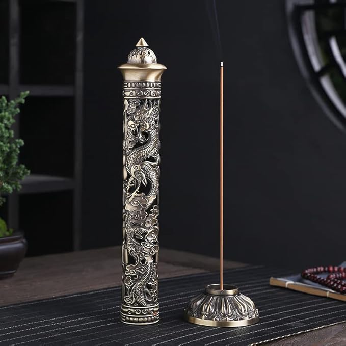Vertical Incense, Retro Incense Tower Holder Brass Stick Incense Holder Incense with Dragon Phoenix Pattern for Home Office Yoga Meditation, 8.5x7cm/3.3x2.8in