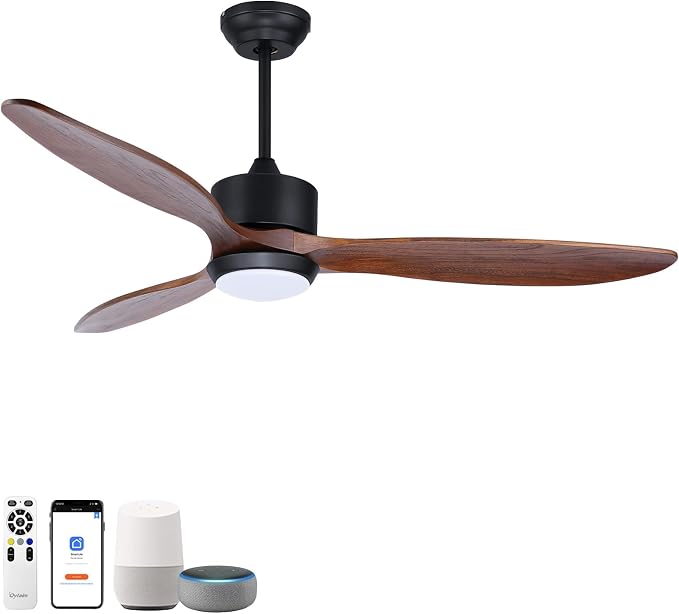 Ovlaim 52 Inch Wood Ceiling Fan with Light, Quiet DC Motor, Smart 6-Speed | 35dB Quiet, Solid Wood Blades, 3-Color Dimmable LED with Memory Function, App & Voice, Reversible Motor, Bedroom Living Room