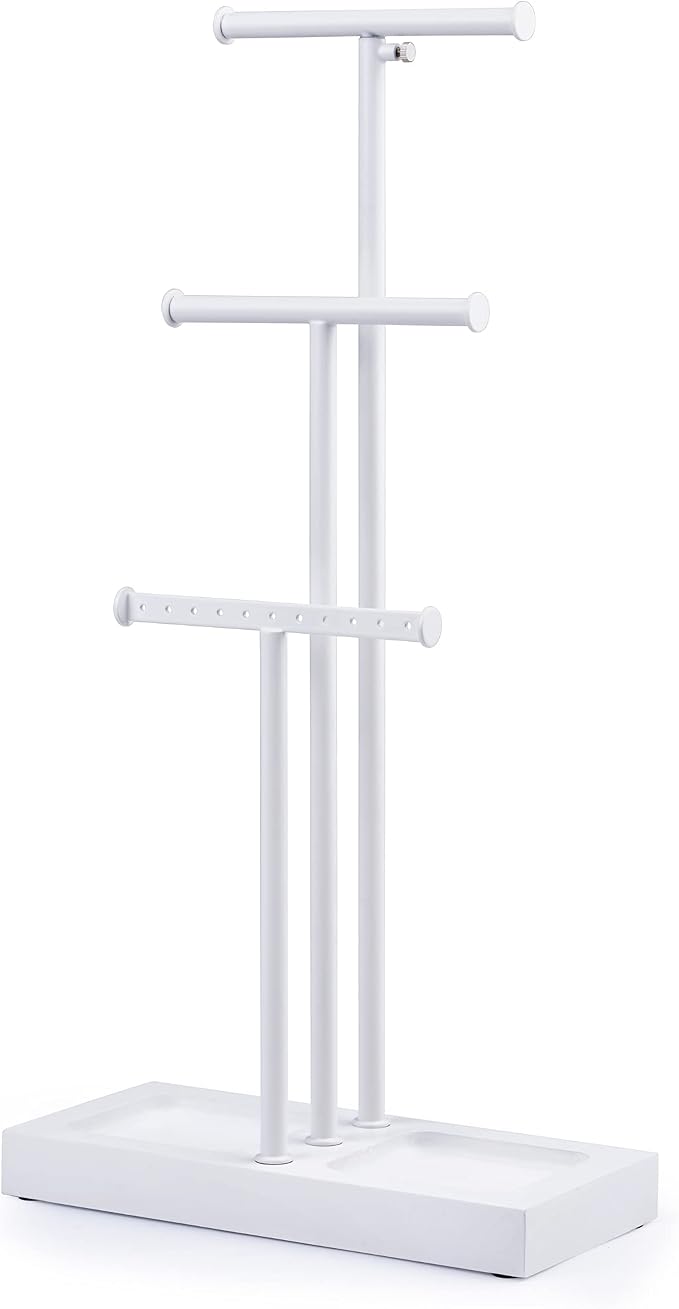 Love-KANKEI 3-Tier Jewelry Organizer Stand Holder,Adjustable Height,White | Metal Rod,Solid Wood Base,Easy to Install,Tree Style,Display Long Necklaces,Bracelets,Earrings,Rings,Watches,Bangles,Gift