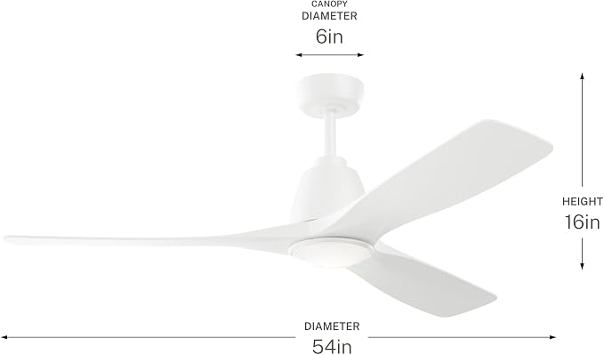 Kichler 54" Volos II 3 Blade Ceiling Fan in Matte White, With White Polycarbonate Lens, Matte White Blades, Easy-to-Install AC Motor, Downrod, 300054-MWH