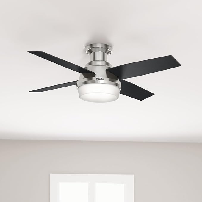 Hunter Dempsey, Indoor, Ceiling Fan, Modern, 44 inch, Brushed Nickel | with LED Light and Remote Control, Low Profile Mount, 4 Black Oak Blades, For Bedroom, Living Room, Kitchen, 59243