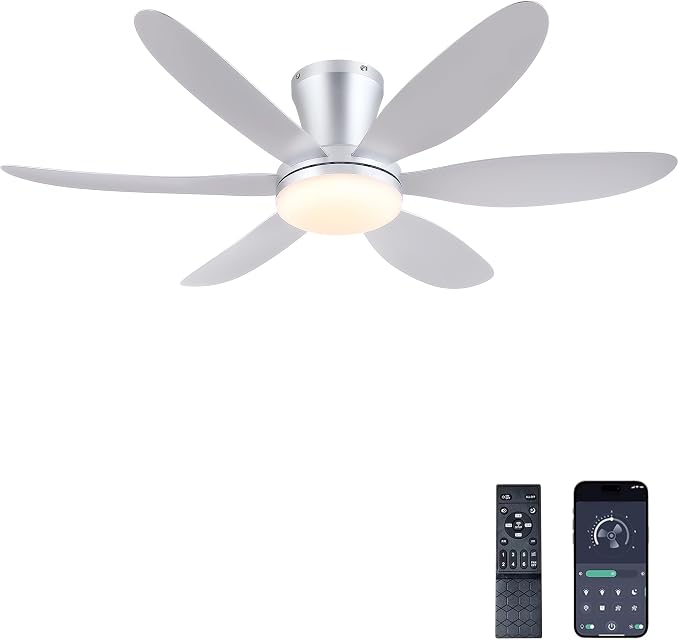 GJeg Ceiling Fans with Lights,42" Low Profile Ceiling Fan with Light and Remote Control,Flush Mount, Reversible, Dimmable, Noiseless, Silver Ceiling Fan for Bedroom